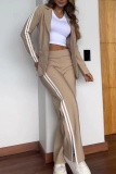 Black Offcie Lady Business Casual Turn-back Collar Long Sleeve Blazer and Stripe Slit Wide Leg Pants Two Pieces Matching Sets
