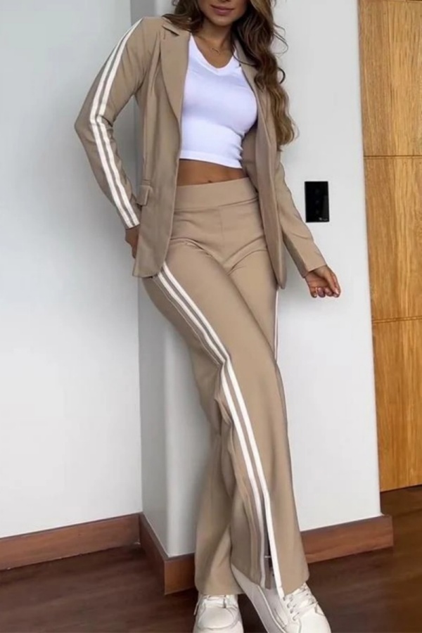 Black Offcie Lady Business Casual Turn-back Collar Long Sleeve Blazer and Stripe Slit Wide Leg Pants Two Pieces Matching Sets