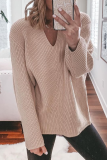 Pink Casual Weave V Neck Long Sleeve Loose Fit Knitted Fall Winter Sweater Tops Blouses