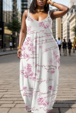 White Purple Floral Print Sleeveless Backless Spaghetti Strap Floor Length Casual Outing Straight Loose Maxi Slip Dress