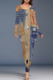 Dark Blue Faux Denim Print O Neck Long Sleeve Casual Outing Long Bodycon Maxi Dress