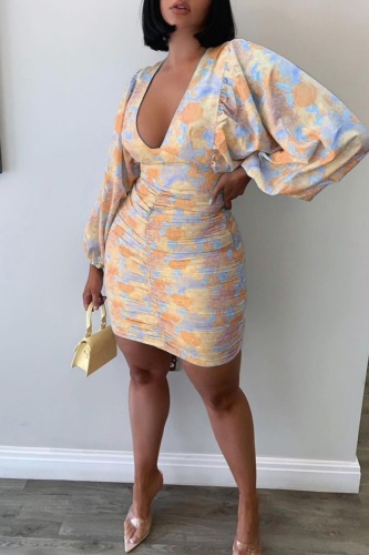 Green Deep V Neck Lantern Sleeve Vacation Casual Outing Bodycon Floral Mini Dress