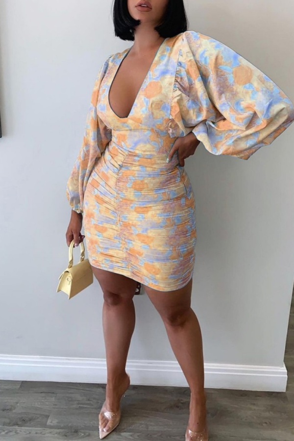Green Deep V Neck Lantern Sleeve Vacation Casual Outing Bodycon Floral Mini Dress