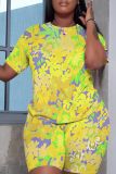 Yellow Casual Floral Print Round Neck Short Sleeve T-shirt and Skinny Shorts Two Pieces Matching Sets