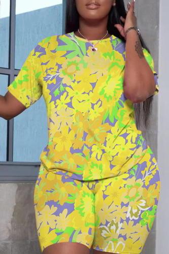 Yellow Casual Floral Print Round Neck Short Sleeve T-shirt and Skinny Shorts Two Pieces Matching Sets