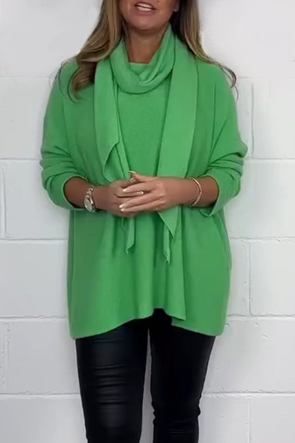 White Casual Turtleneck Scarf Collar Long Sleeve Loose Fit Tops Fall Winter Blouses