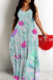 Blue Floral Print Sleeveless Backless Spaghetti Strap Floor Length Causal Outing Vacation Straight Loose Maxi Dress