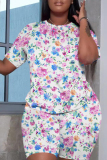 Yellow Casual Floral Print Round Neck Short Sleeve T-shirt and Skinny Shorts Two Pieces Matching Sets