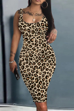 Black Leopard Graphic Print Sleeveless Backless U Neck Casual Outing Fitted Vest Midi Dress