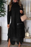 Brown Slit Turtleneck Long Sleeve Blouses and Gauze Layered Skirts Fall Winter Two Piece Dress Sets