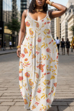 White Purple Floral Print Sleeveless Backless Spaghetti Strap Floor Length Casual Outing Straight Loose Maxi Slip Dress