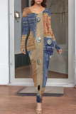 Dark Blue Faux Denim Print O Neck Long Sleeve Casual Outing Long Bodycon Maxi Dress