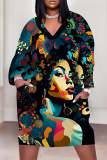 Black Blue Figure Print V Neck Long Sleeve Pocket Casual Outing Straight Loose T Shirt Dress