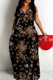 Blue Floral Print Sleeveless Backless Spaghetti Strap Floor Length Causal Outing Vacation Straight Loose Maxi Dress
