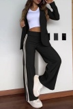 Black Offcie Lady Business Casual Turn-back Collar Long Sleeve Blazer and Stripe Slit Wide Leg Pants Two Pieces Matching Sets