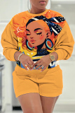Tangerine Casual Figure Print Round Neck Long Sleeve Sweatshirts and Shorts Two Pieces Matching Sets