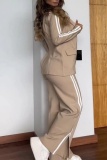 Black Offcie Lady Business Casual Turn-back Collar Long Sleeve Blazer and Stripe Slit Wide Leg Pants Two Pieces Matching Sets