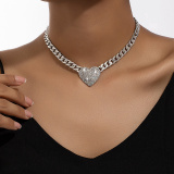 Silver Party Club Alloy Heart Shaped Pendant Rhinestone Decor Chain Necklaces