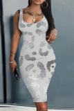 Black Leopard Graphic Print Sleeveless Backless U Neck Casual Outing Fitted Vest Midi Dress