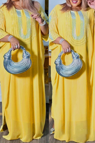 Yellow Round Neck Three Quarter Bat-wing Sleeve Long Staright Dress Robe and Slip Dress Two Pieces Matching Sets