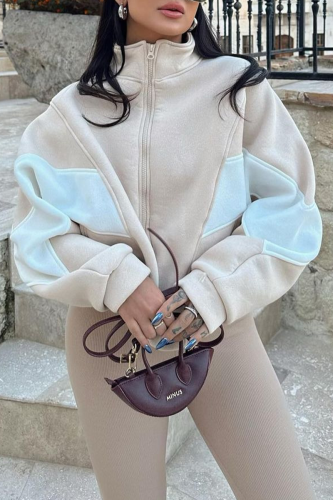 Apricot Casual Street Colorblock Zipper Contrast Mandarin Collar Long Sleeve Outerwear Fall Winter Short Jackets Coats