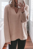 Pink Casual Weave V Neck Long Sleeve Loose Fit Knitted Fall Winter Sweater Tops Blouses