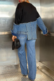 Grey Casual Contrast Round Neck Long Sleeve Slit Loose Fit Denim Tops Sweatshirts