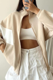 Apricot Casual Street Colorblock Zipper Contrast Mandarin Collar Long Sleeve Outerwear Fall Winter Short Jackets Coats