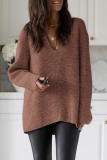 Pink Casual Weave V Neck Long Sleeve Loose Fit Knitted Fall Winter Sweater Tops Blouses