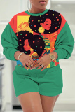 Tangerine Casual Figure Print Round Neck Long Sleeve Sweatshirts and Shorts Two Pieces Matching Sets