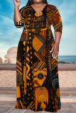 Khaki National Totem Print V Neck 3/4 Sleeve Casual Outing Loose Maxi Dress