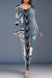 Dark Blue Faux Denim Print O Neck Long Sleeve Casual Outing Long Bodycon Maxi Dress
