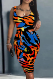 Blue Orange Graphic Print Sleeveless Backless U Neck Casual Outing Fitted Vest Midi Dress