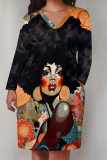 Black Blue Figure Print V Neck Long Sleeve Pocket Casual Outing Straight Loose T Shirt Dress
