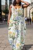 White Purple Floral Print Sleeveless Backless Spaghetti Strap Floor Length Casual Outing Straight Loose Maxi Slip Dress