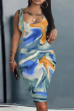 Blue Orange Graphic Print Sleeveless Backless U Neck Casual Outing Fitted Vest Midi Dress