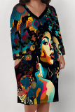 Black Blue Figure Print V Neck Long Sleeve Pocket Casual Outing Straight Loose T Shirt Dress