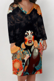 Black Blue Figure Print V Neck Long Sleeve Pocket Casual Outing Straight Loose T Shirt Dress