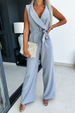White Office Lady Busniess Casual Street Frenulum Turndown Collar Sleeveless Belted Loose Straight Leg Jumpsuits