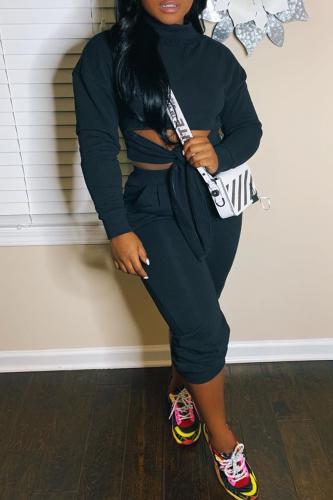 Black Tie-front Strap Design Cut Out Turtleneck Long Sleeve Tops and Pants Two Pieces Matching Sets