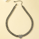 Silver Party Club Alloy Heart Shaped Pendant Rhinestone Decor Chain Necklaces