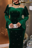 Green Half A Turtleneck Beading Decor Flare Sleeve Bodycon Cocktail Party Maxi Wedding Guest Dresses