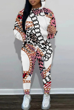 White Pink Sportwear Casual Print Hooded Long Sleeve Sweatshirts and Drawstring Pants Two Pieces Sweatsuit Sets