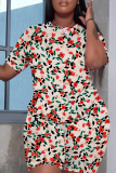 Yellow Casual Floral Print Round Neck Short Sleeve T-shirt and Skinny Shorts Two Pieces Matching Sets