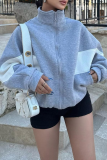 Apricot Casual Street Colorblock Zipper Contrast Mandarin Collar Long Sleeve Outerwear Fall Winter Short Jackets Coats