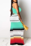 Pink Striped Sleeveless O Neck Floor Length Causal Outing Halter Bocycon Maxi Dress