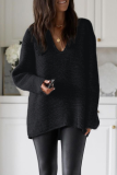 Pink Casual Weave V Neck Long Sleeve Loose Fit Knitted Fall Winter Sweater Tops Blouses