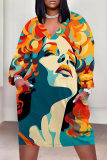 Black Blue Figure Print V Neck Long Sleeve Pocket Casual Outing Straight Loose T Shirt Dress