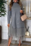 Brown Slit Turtleneck Long Sleeve Blouses and Gauze Layered Skirts Fall Winter Two Piece Dress Sets