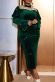 Green Half A Turtleneck Beading Decor Flare Sleeve Bodycon Cocktail Party Maxi Wedding Guest Dresses
